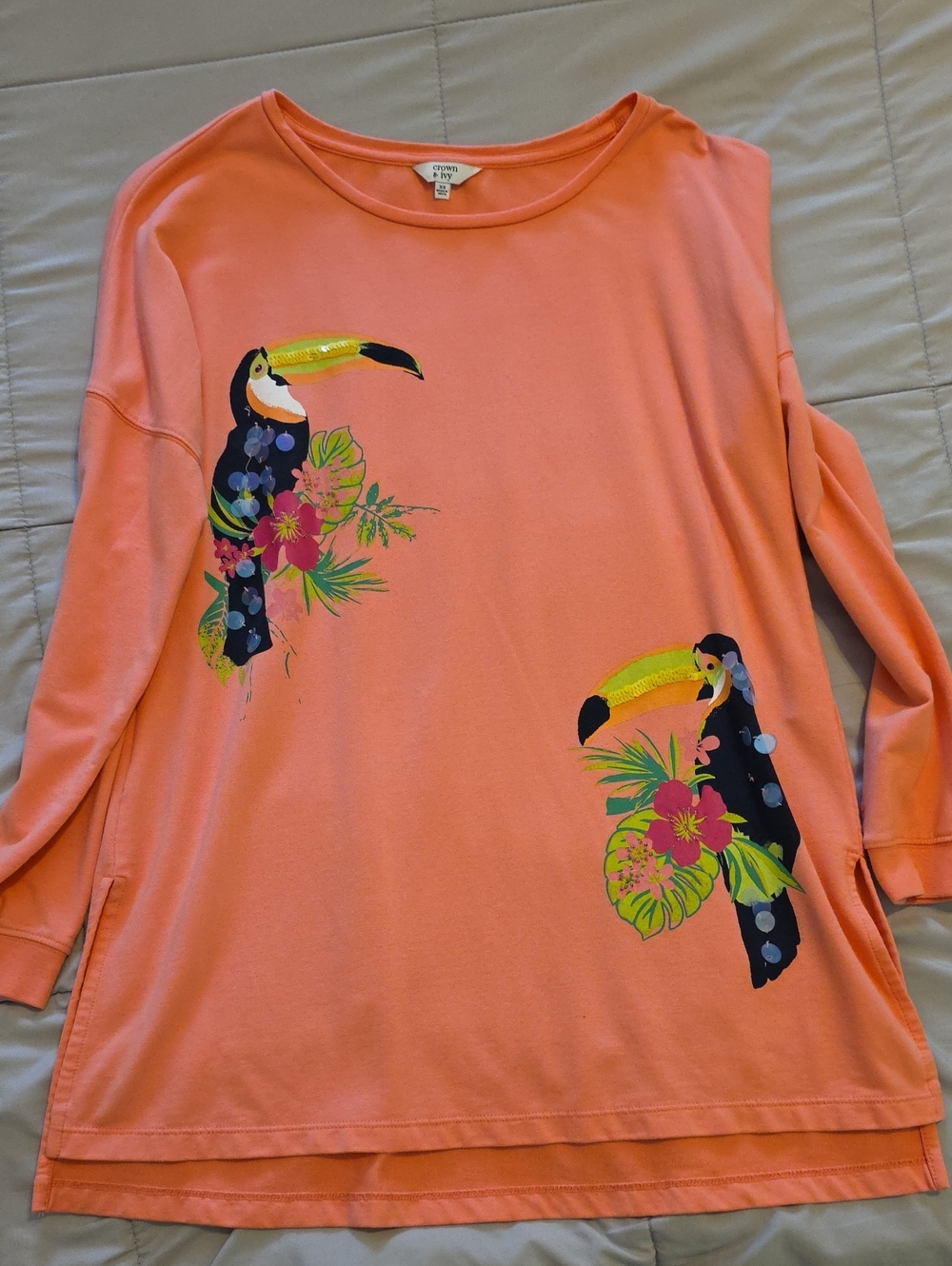 crown & ivy Coral Tunic with Toucan Tropical Print Sweatshirt Size XS